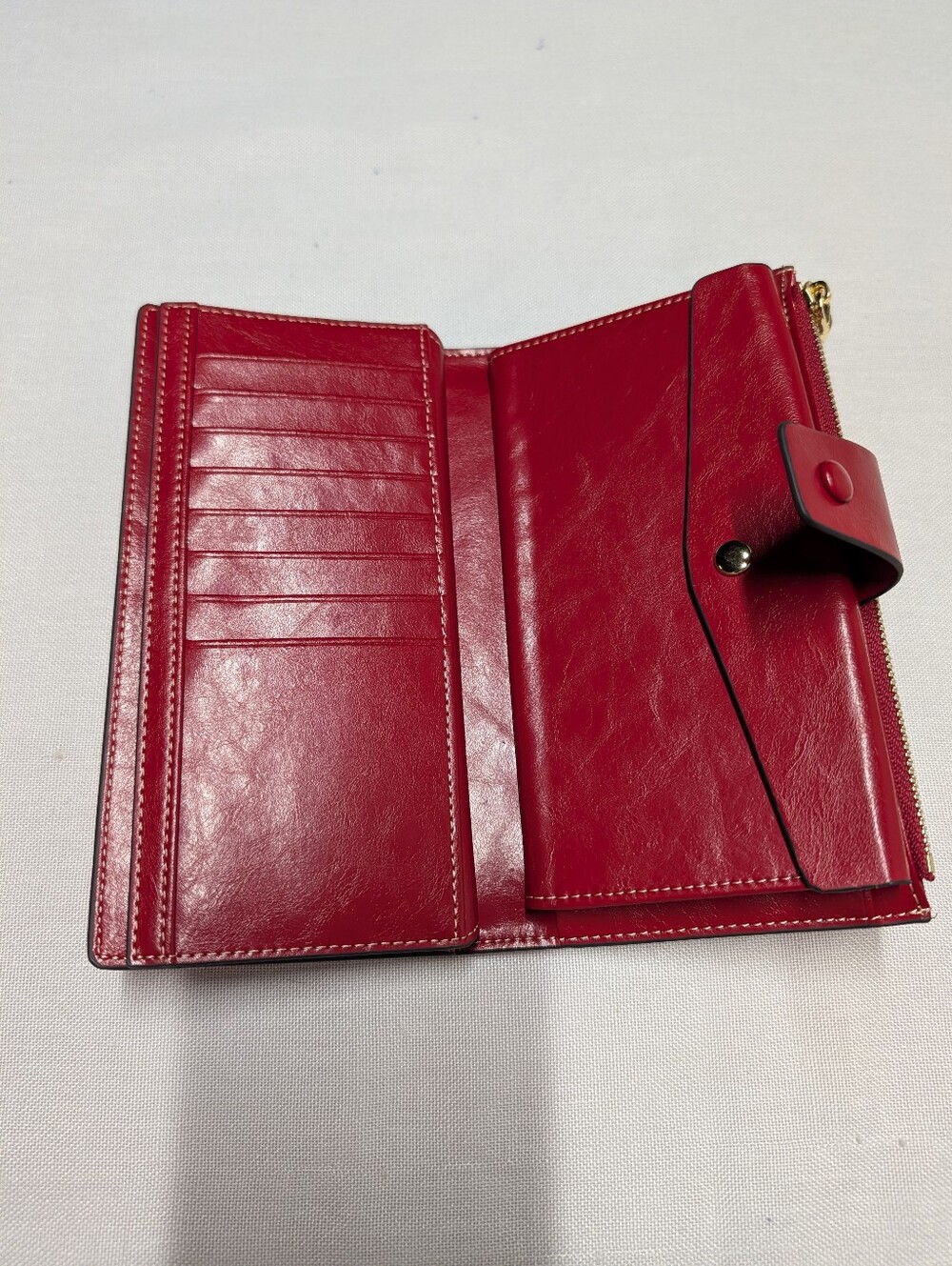 ITSLIFE Red Cowhide Leather Long Wallet Women's New in Box Gold Zip Snap Closure - Picture 7 of 10